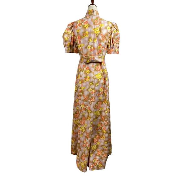 Vintage 60s Daisy Floral Puff Sleeve Mock Neck Bow Waist Belt Maxi Dress - Picture 9 of 10